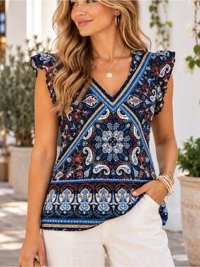 Cato Navy Blue Paisley Scarf Print Blouse L Boho Chic Ruffle Sleeve V Neck